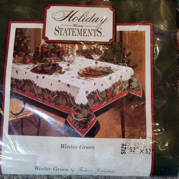 Christmas Tablecloth Holiday Home Statements Cotton Fabric Winter Green 52x52" - Picture 2 of 4